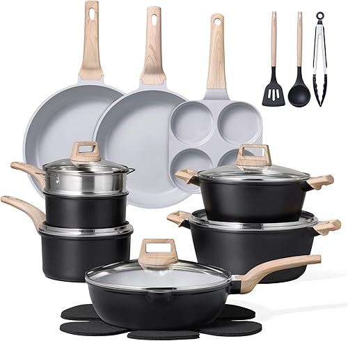 Vista 19 de CAROTE Juego de 21 ollas y sartenes, juegos de utensilios de cocina antiadherentes, utensilios de cocina de inducción de granito blanco, juego