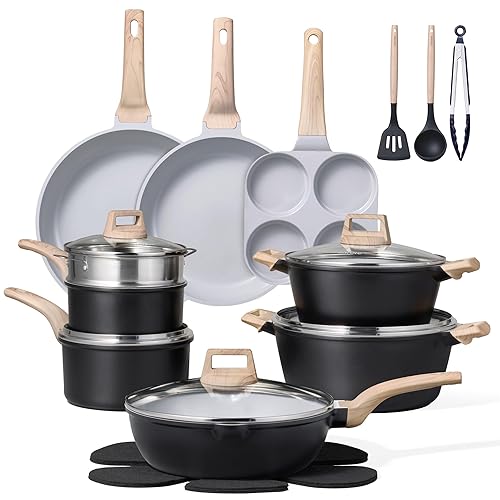 CAROTE 21pcs Pots and Pans Set Nonstick, Cookware Set Black Induction Kitchen Cooking Set w/Frying Pans & Saucepans(PFOS, PFOA Free)