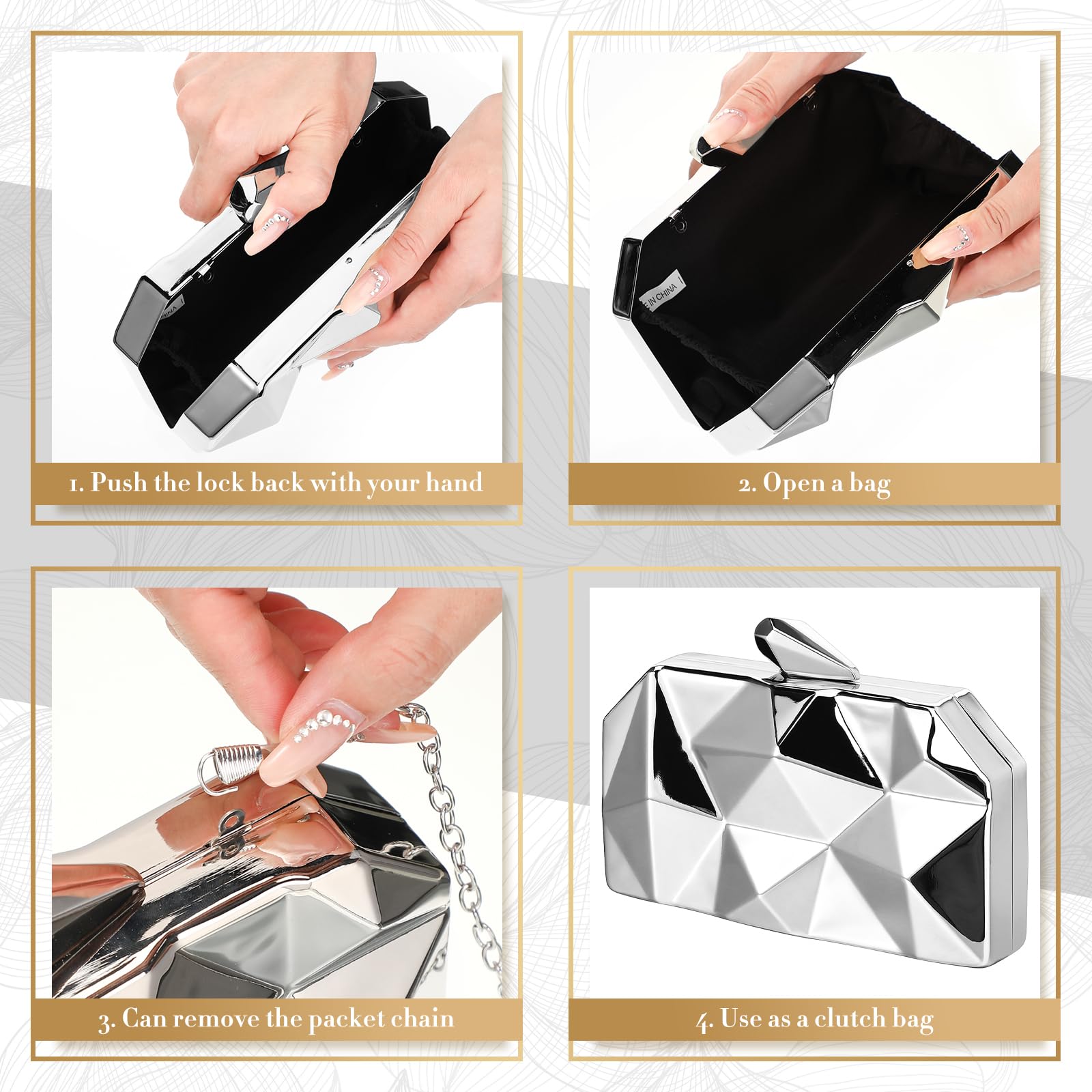 5 Pcs Clutch Purse for Women Evening Prom Purses Metallic Handbag for Valentines Wedding Banquet Retro Jewelry Set: Silver