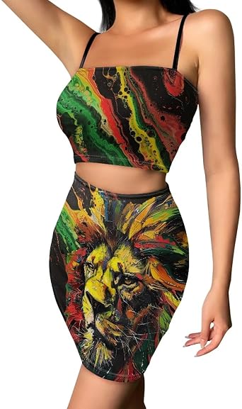 Rasta Dress Set Rasta Reggae Dress Sexy Spaghetti Strap Crop Tops and Bodycon Mini Skirt Dress Set s-4xl