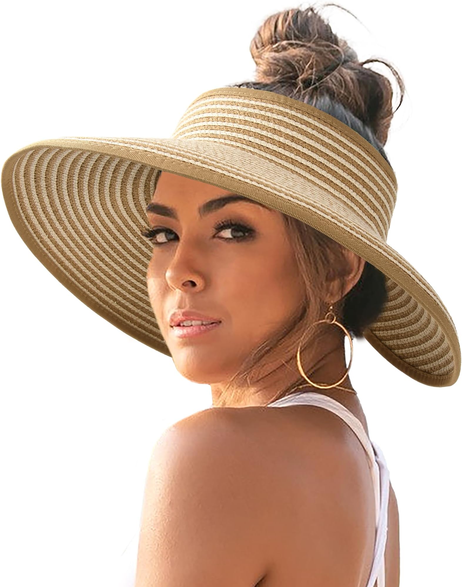 Sun Hats for Women Wide Brim Beach Hat Straw Visor Ponytail Summer UV Packable Foldable Beach Vacation Essentials