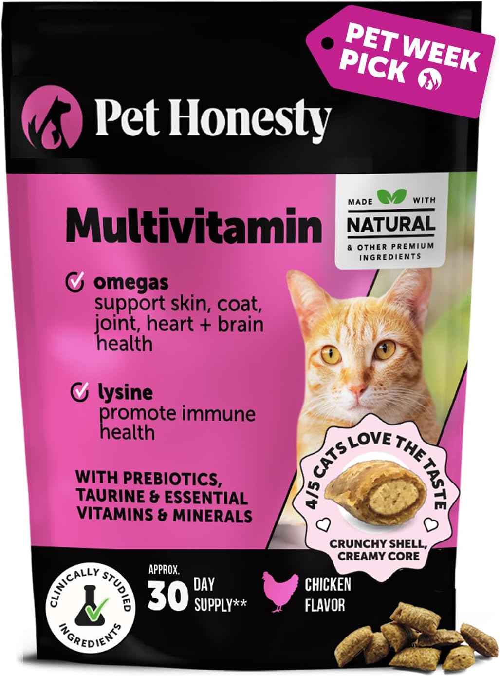 Pet Honesty Cat Multivitamin Crunchy & Creamy Chews - Cat Treats for Health + Immune, Joint Support, Skin & Coat, & Digestion - Vitamins with Omega 3s, Lysine & Probiotics (30 Day Supply)