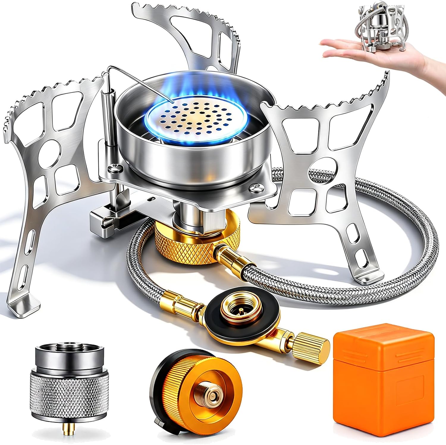 3900W Camping Backpacking Stove with Piezo Ignition, Fuel Canister Adapters