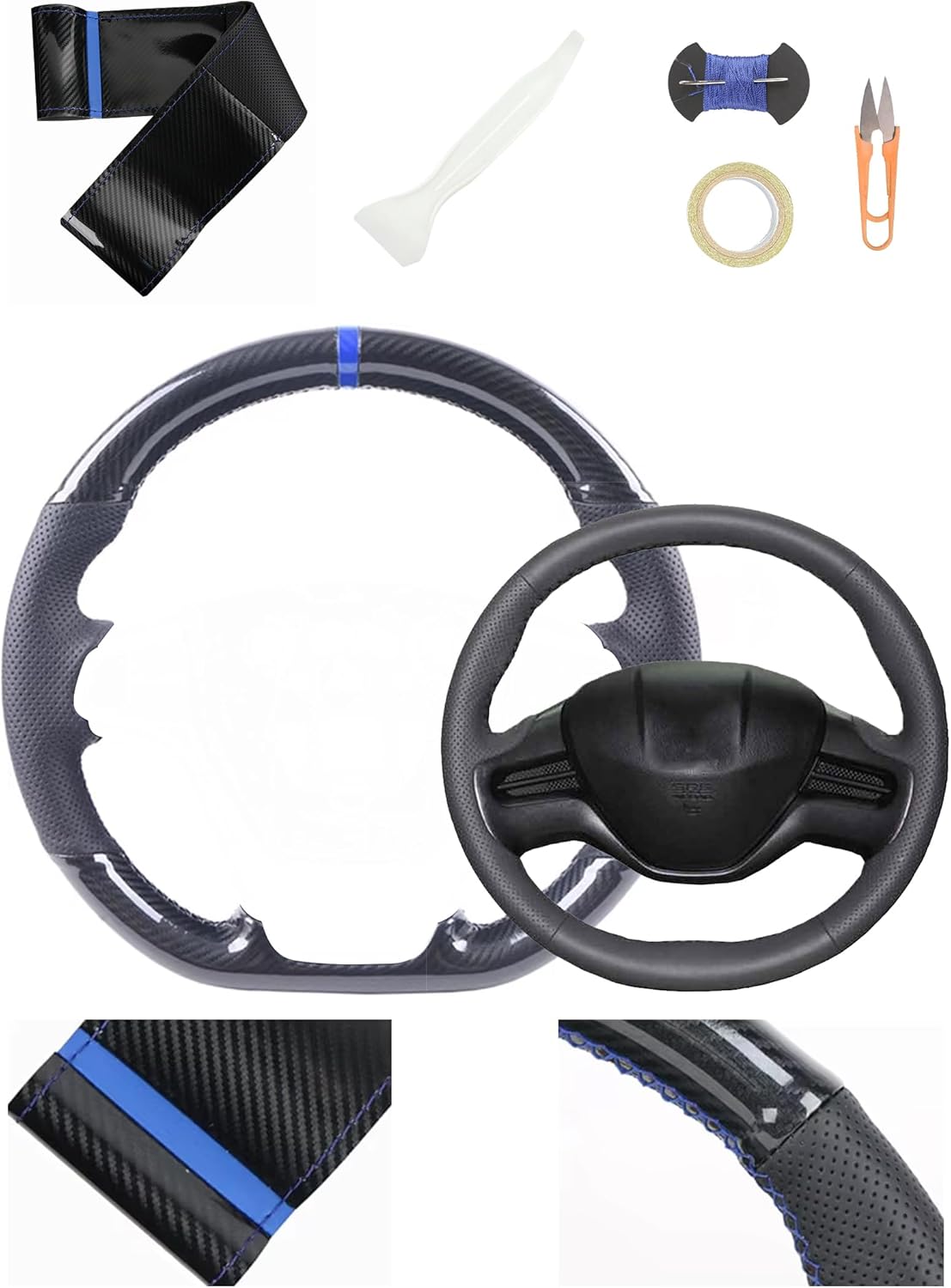 Carbon Fiber Steering Wheel Cases Car Steering Wrap Stitch Steering Wheel Cover Fit for Honda Civic Civic 8 2006 2007 2008 2009 2010 2011 (2-Spoke),Blue