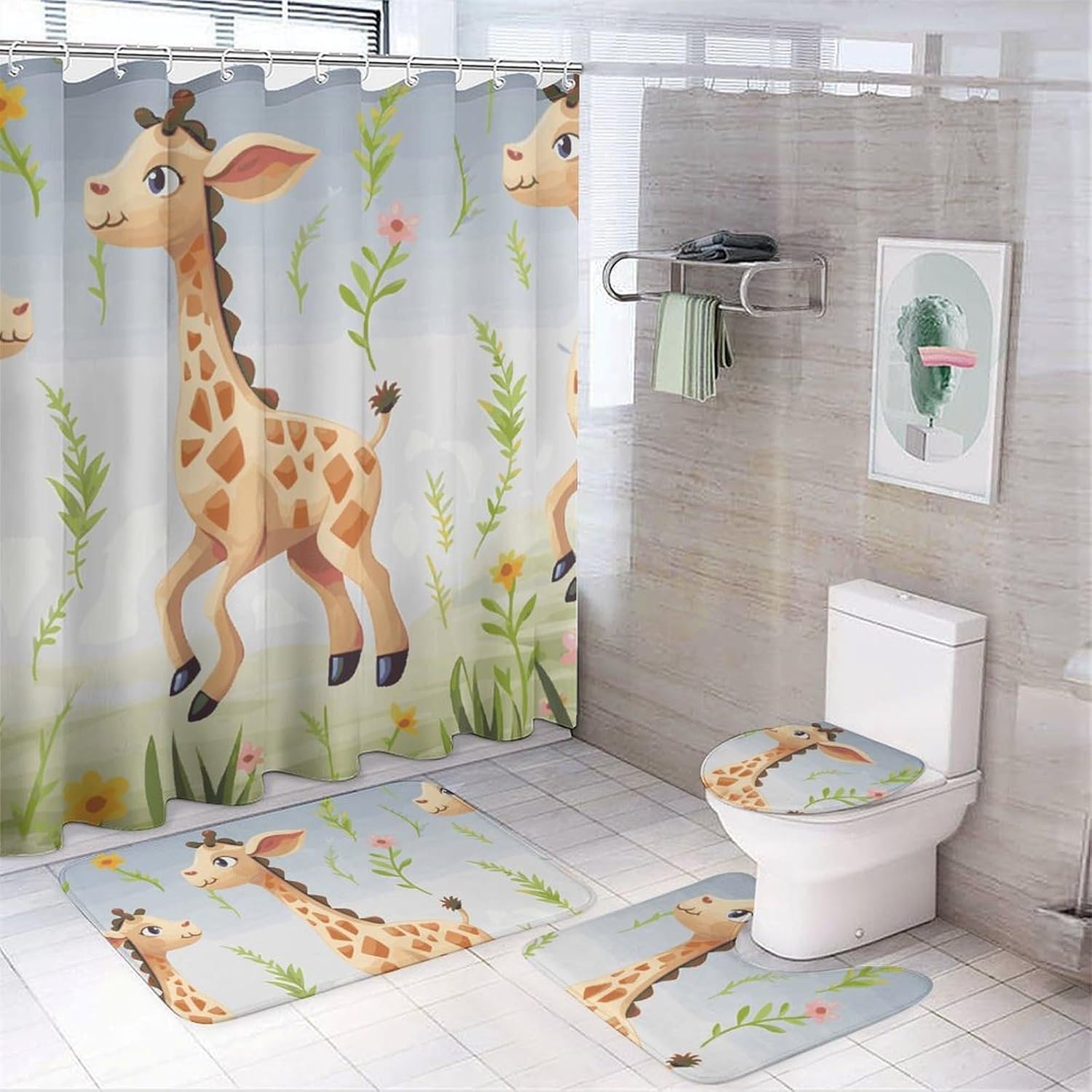 Cute Giraffe Shower Curtain Set 4 Piece, Non-Slip Bath Mat with Toilet Lid Cover and Waterproof Shower Curtain with 12 Hooks, Complete Bathroom Set for Home Decor