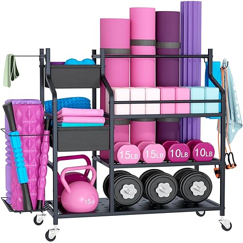 VILAWLENCE Home Gym Storage Large Rack for Dumbbells for Yoga Mat Dumbbells Kettlebells and Strength Training Equipment, Dumbbell Weight Rack with Wheels