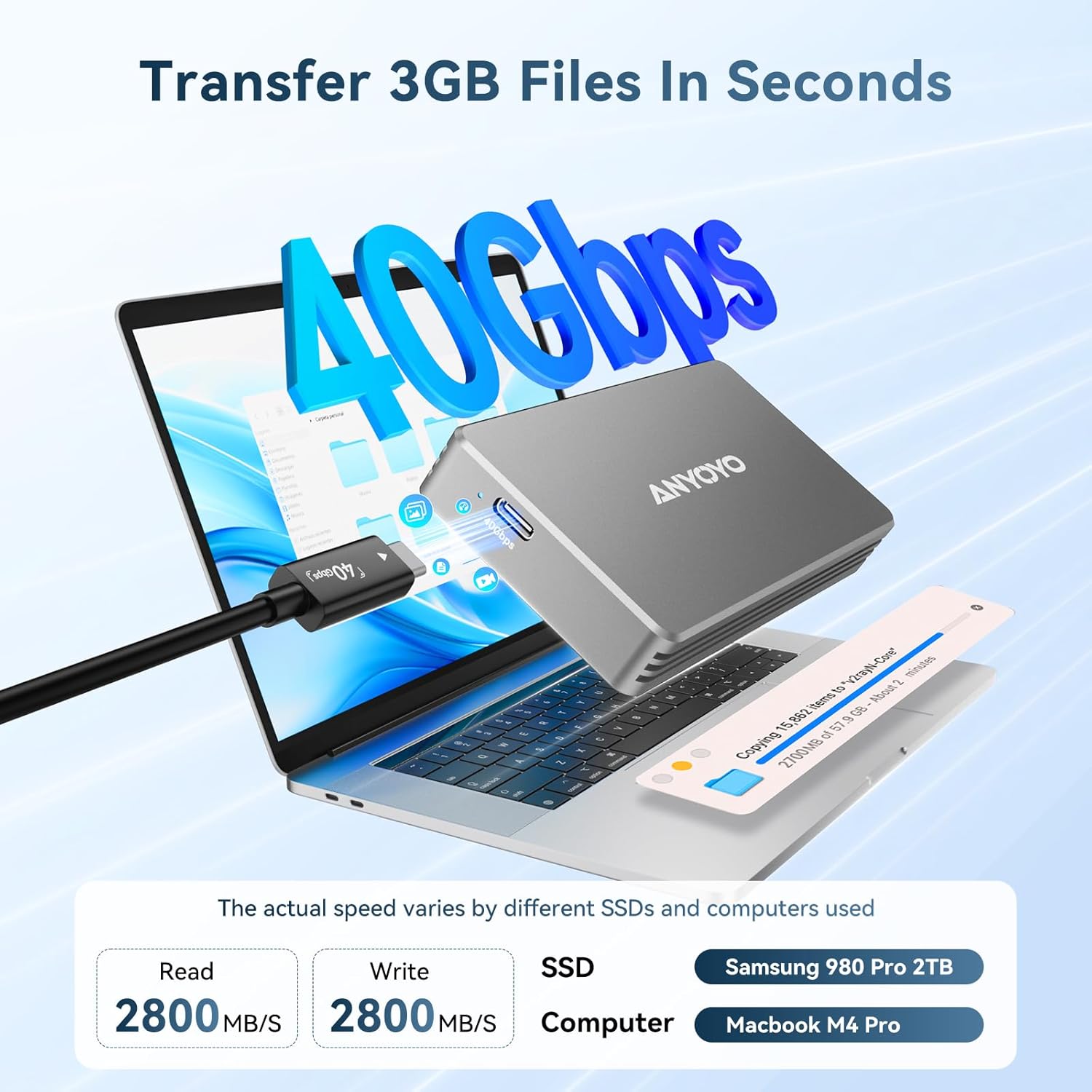 ANYOYO 40Gbps M.2 NVMe SSD Enclosure with Aluminum Alloy Heat Dissipation, No Noise External SSD Case Compatible for Thunderbolt 4/3/USB4, Support M/B+M Key SSD, Tool-Free Installation - Image 2