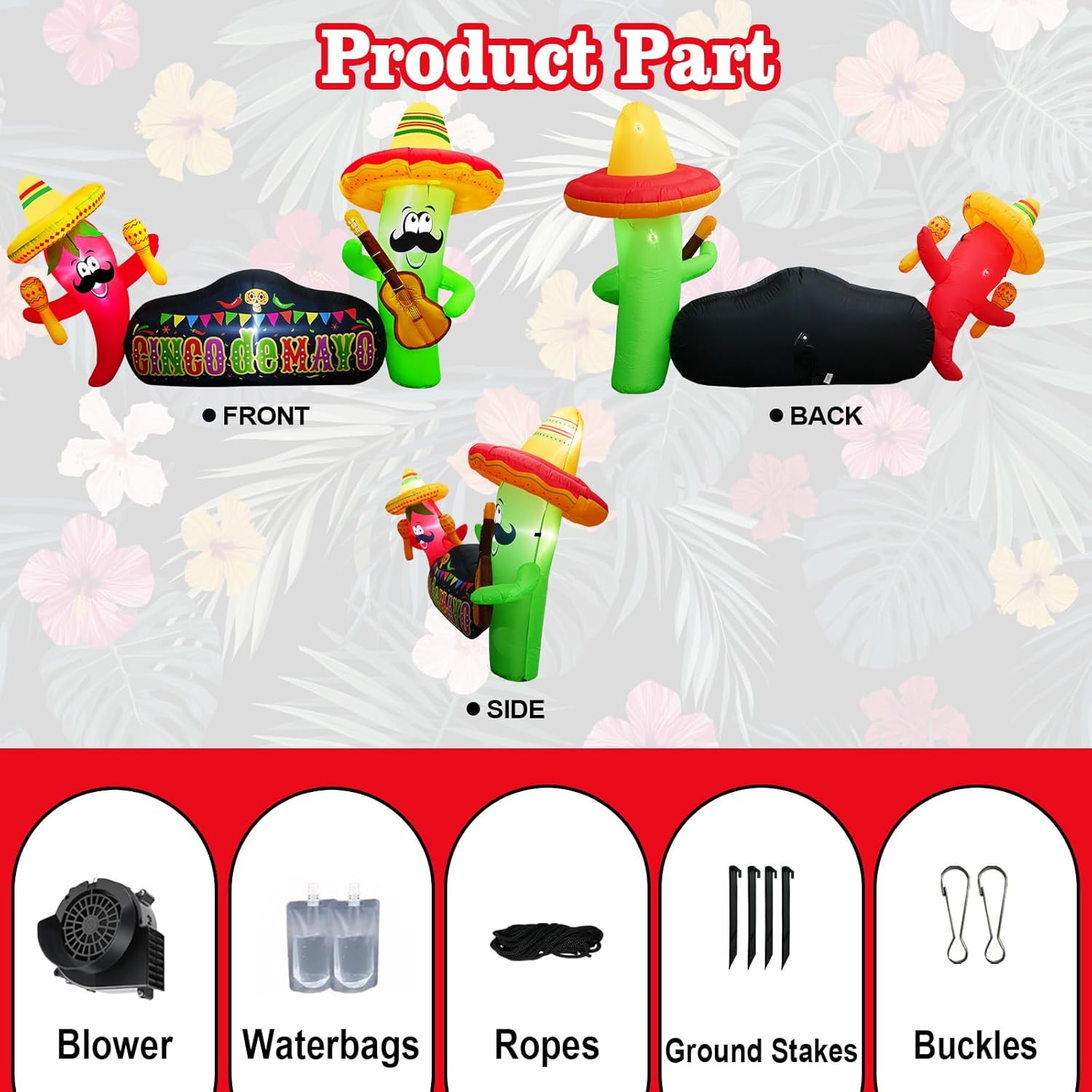 7FT Cinco De Mayo Inflatables Cactus & Chili Banner, Mexican Blow up Inflatable Cactus Play Guitar and Inflatable Chili Play Maraca with Taco Sombrero Built-in 5 LEDs for May 5 Fiesta Party