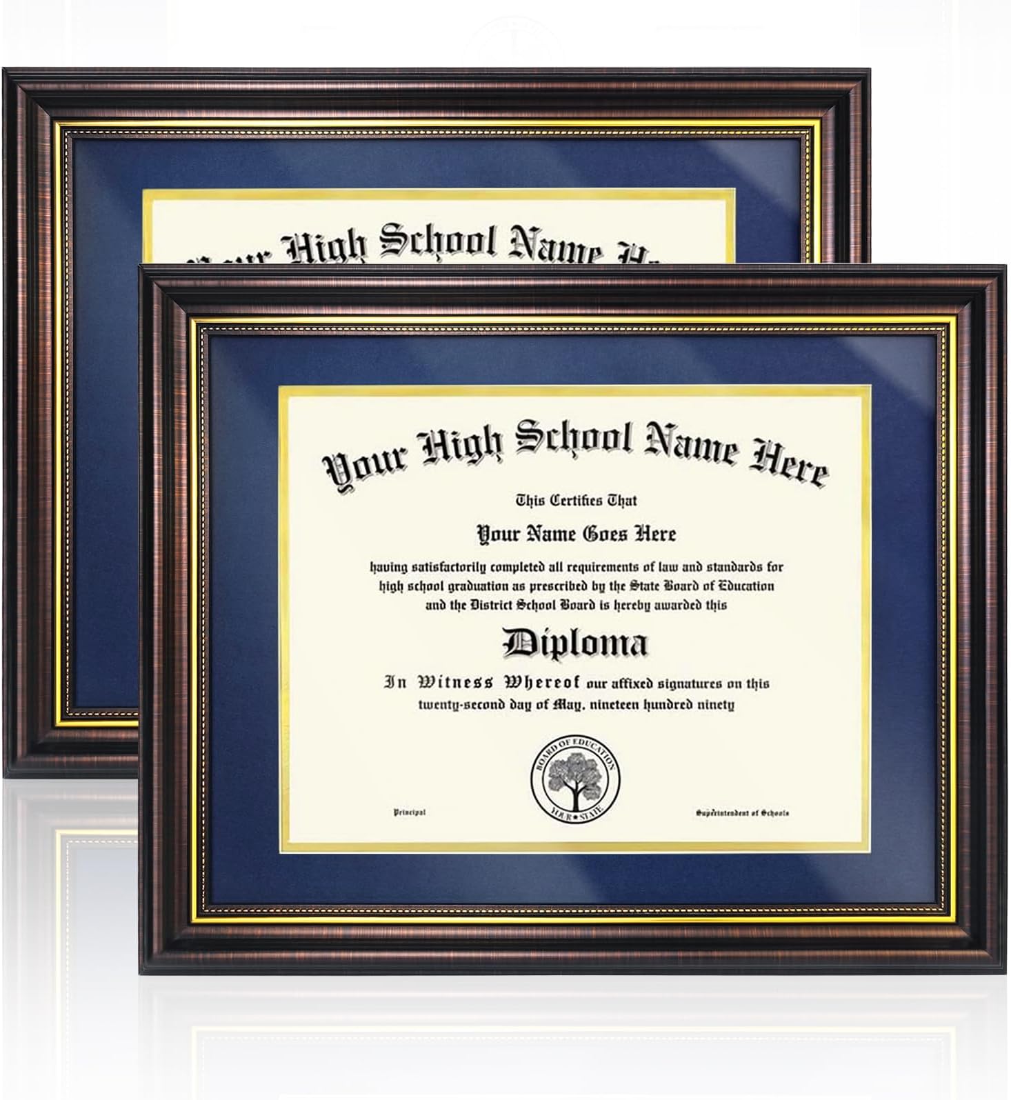 Diploma Frame 8.5 x 11 with Mat, 11x14 Diploma Frame without Mat, Document Frame with Blue Over Gold Matting and HD Acrylic for Wall and Tabletop Display, Reddish Brown Finish, 2 Pack