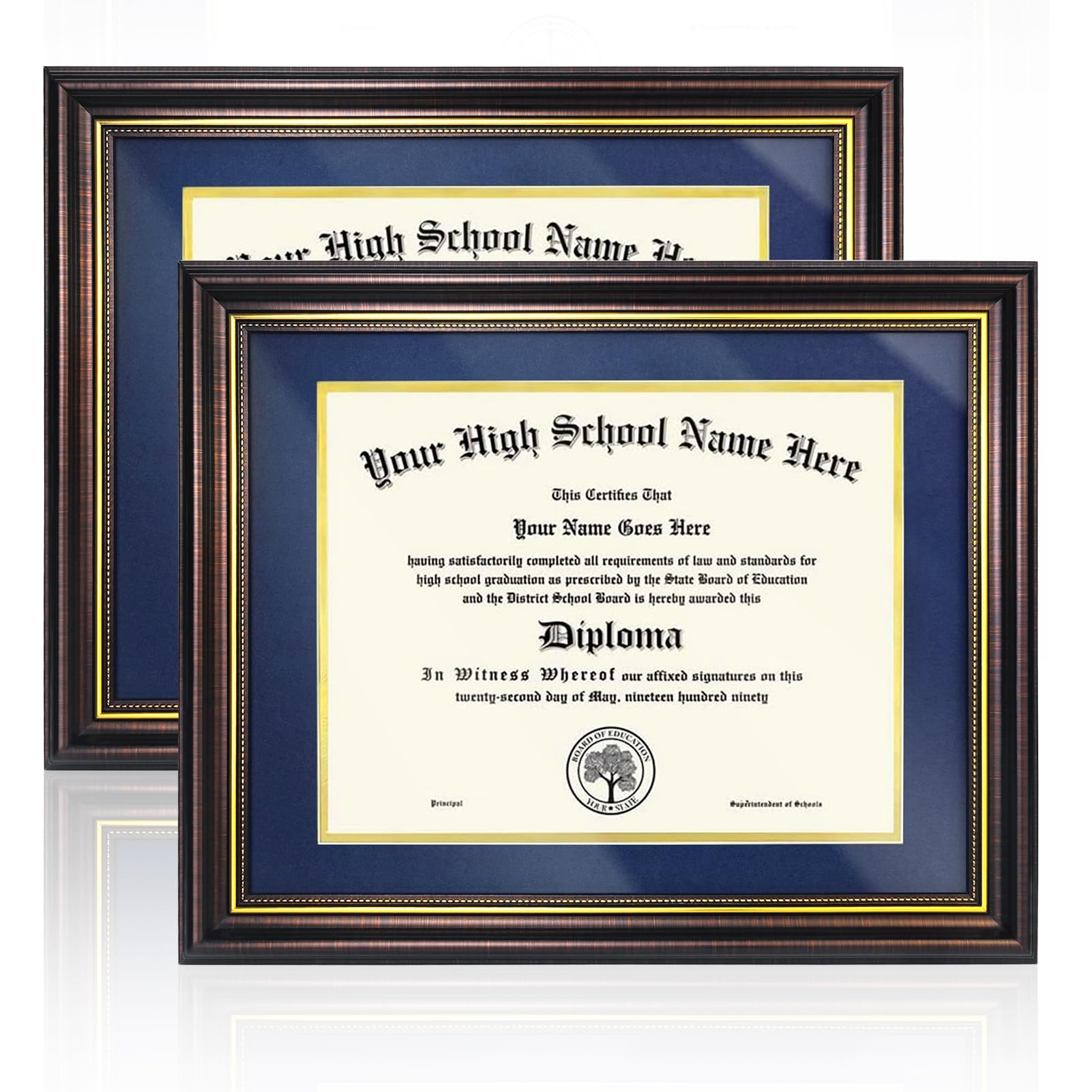HPY HLTH Diploma Frame 8.5x11 with Blue Over Gold Mat - Certificate Frame 11x14 for Document/Certificate. Degree Document Frame with Gold Beads,HD Plexiglass,Wall and Tabletop Display.2 Pack