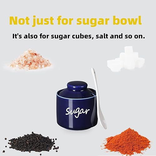 Miniatura 4 de ONTUBE Azucarero de cerámica con tapa y cuchara, olla de azúcar de porcelana, 8 onzas (azul marino)