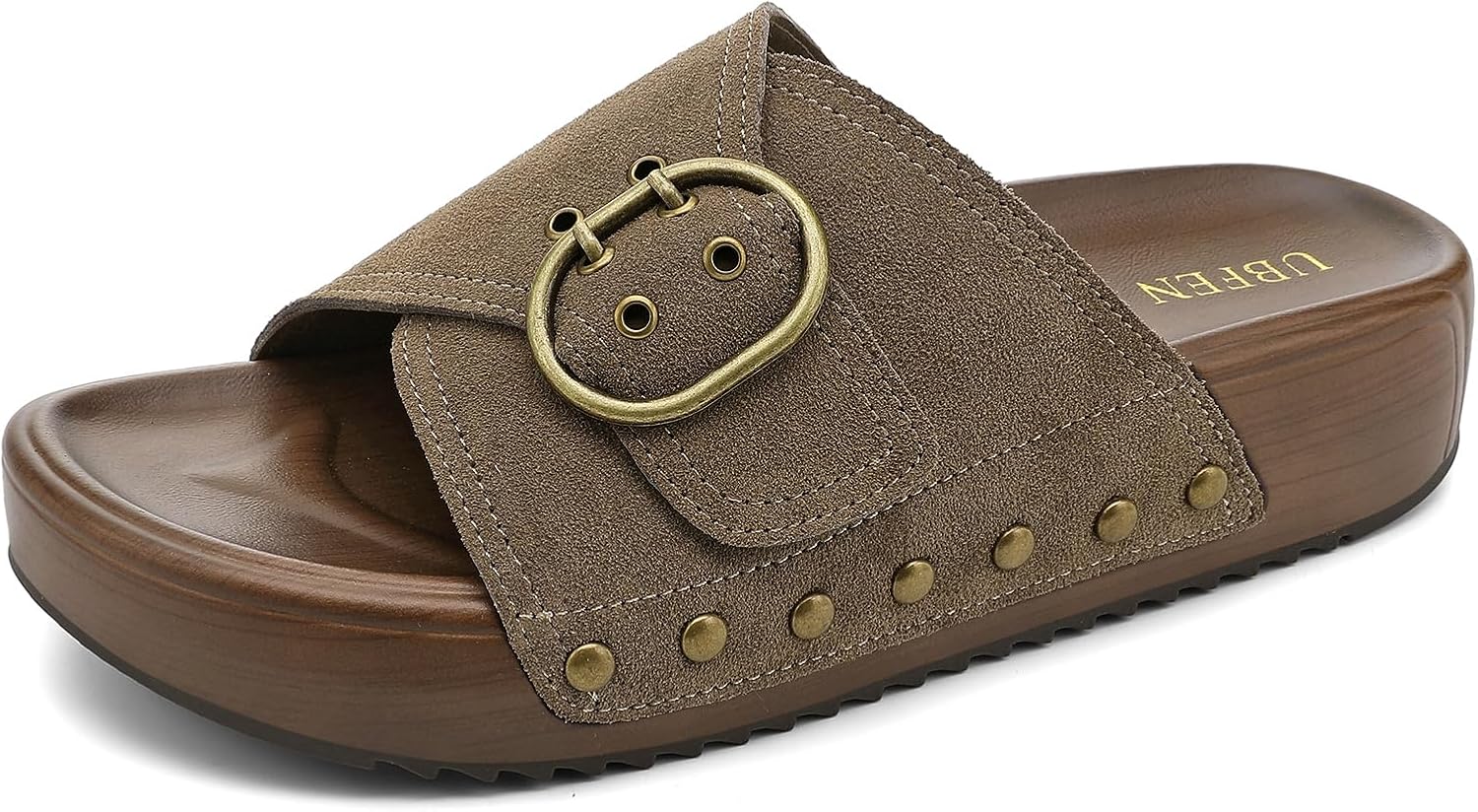 UBFEN Womens Platform Sandals Slides Genuine Leather Adjustable Buckle and Cushion Footbed Comfortable Slip On Retro Shoes