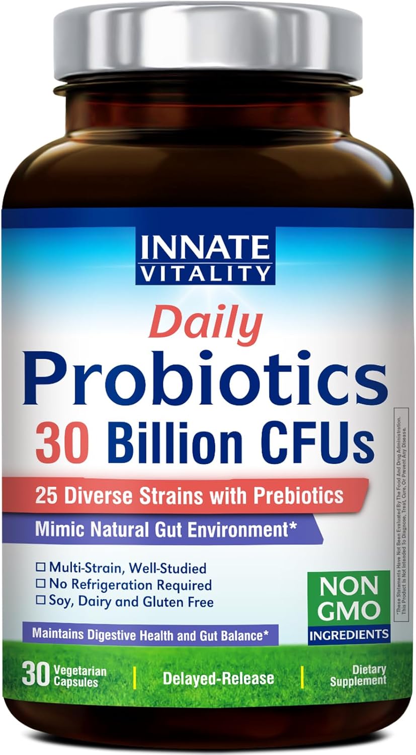 Innate Vitality Daily Probiotics for Women & Men, 30 Billion CFU of 25 Strains, Prebiotics, for Digestive Health Diarrhea Constipation Bloating & Gas Relief, Delayed Release, No Gluten, Vegan, 30 Caps