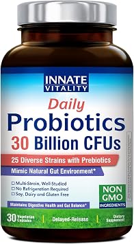 Innate Vitality Daily Probiotics for Women & Men, 30 Billion CFU of 25 Strains, Prebiotics, for Digestive Health Diarrhea Constipation Bloating & Gas Relief, Delayed Release, No Gluten, Vegan, 30 Caps