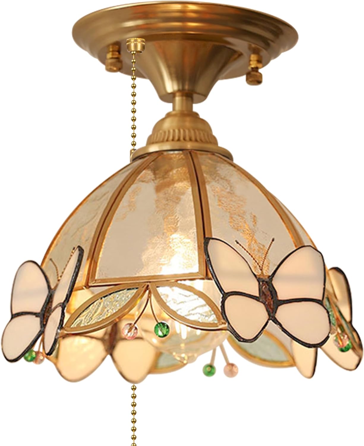 RV Butterflies Light with Zipper Switch 12V RV Decorative Ceiling Hallway Light Fixtures, E26 E27 White Dome Shape Stained Glass Semi Flush Mount Interior Lighting for RV Camper