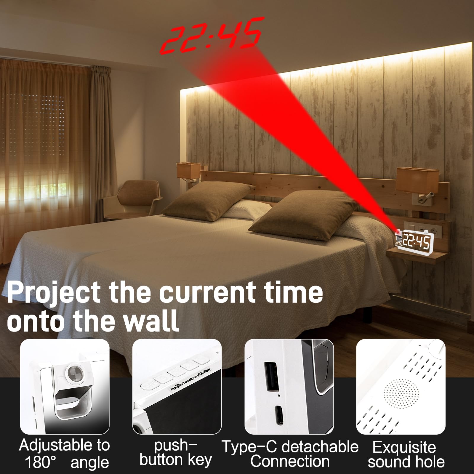 Reloj Despertador Digital con Proyector, Reloj Proyector Techo con LED de 7,4", 180°, Doble USB, Temperatura y Humedad, 3 Brillo, 12/24H, Snooze, para Dormitorio Infantil Niños(Blanco)
