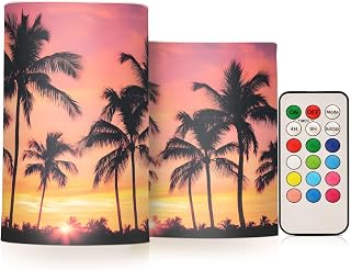Flickering Flameless Candles, Palm Trees Sunset LED Candles with Remote Timer, Set of 2 Battery Operated Candle for Valentine Wedding Birthday