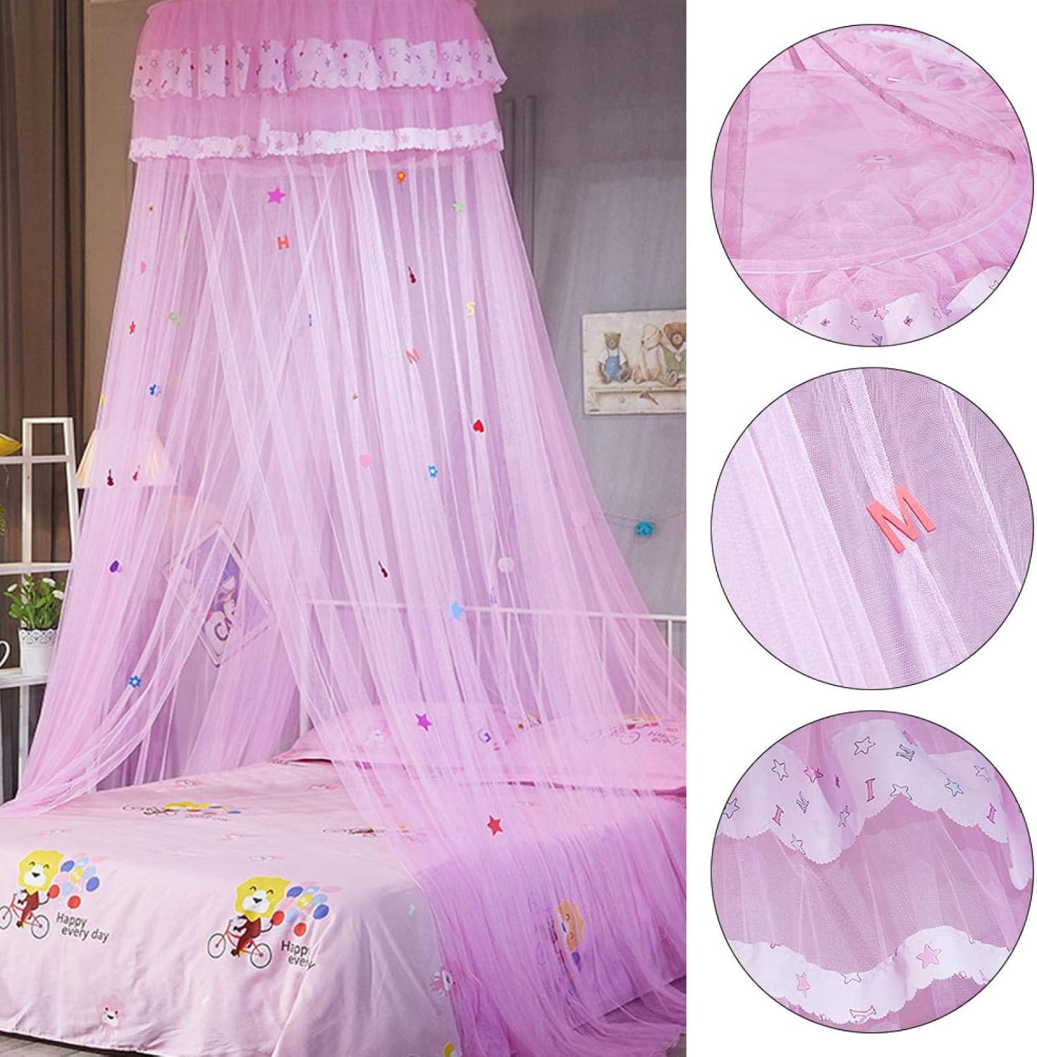 Fdit Children Bed Net Princess Bed Canopy for Girls Bed Canopy Curtain Lace Bed Netting Mesh Canopy Round Dome Bedding Foldable No Punching （White）()
