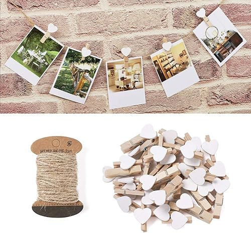 Miniatura 8 de Pandahall - 100 pinzas de flores blancas para papel fotográfico de madera, clips de injerto con cordel de yute natural de 10.93 yardas para