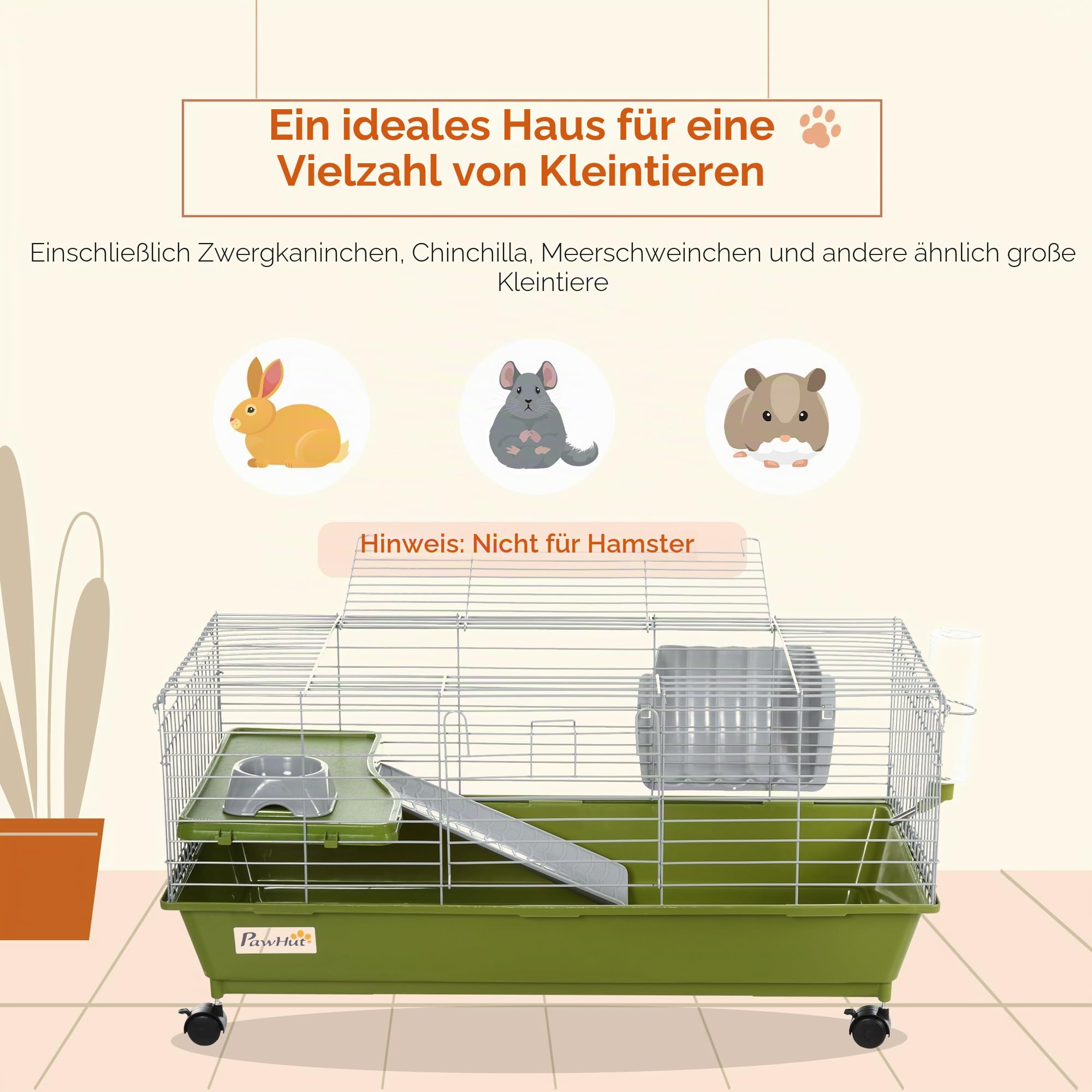 PawHut Käfig für Kaninchen Meerschweinchen mit Rädern, 89x44x43cm, Grün