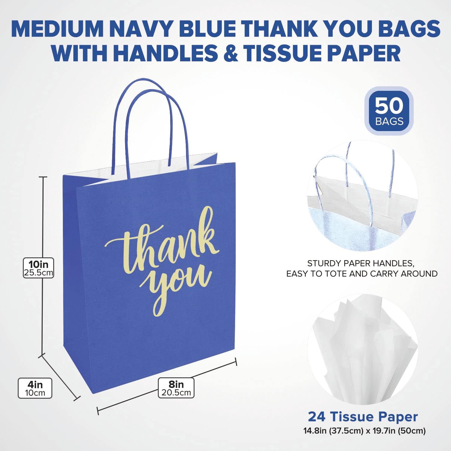 DjinnGlory 50 Pack Medium Navy Thank You Gift Bags with Handles 10x8x4 Inch, Nautic Blue Paper Bags and White Tissue Paper for Small Business, Graduation, Wedding, Bridal Baby Shower Party Favors - Image 3