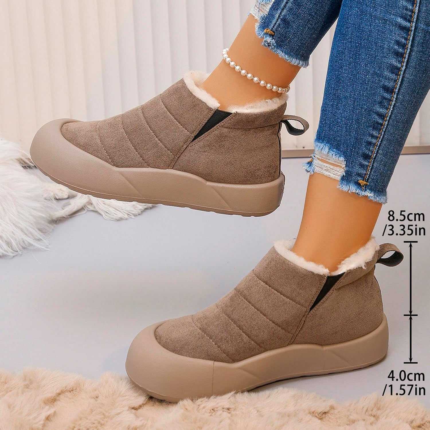 Slip on Snow Boots for Women:Fashion Solid Color Fleece Fur Lined Winter Booties Zip up Outdoor Footwear Hiking Golf