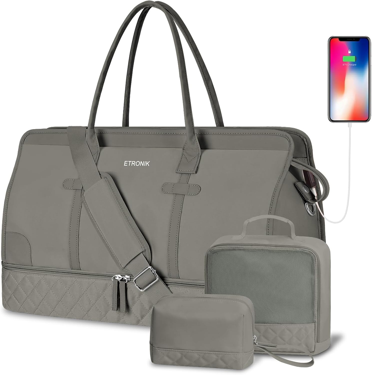 ETRONIK Weekender Overnight Bags for Women, Large Travel Duffle Bags with Shoe Compartment & Wet Pocket, Carry On Gym Bag with Toiletry Bags for Hospital 3 Pcs Set, Large Size, Grey Green