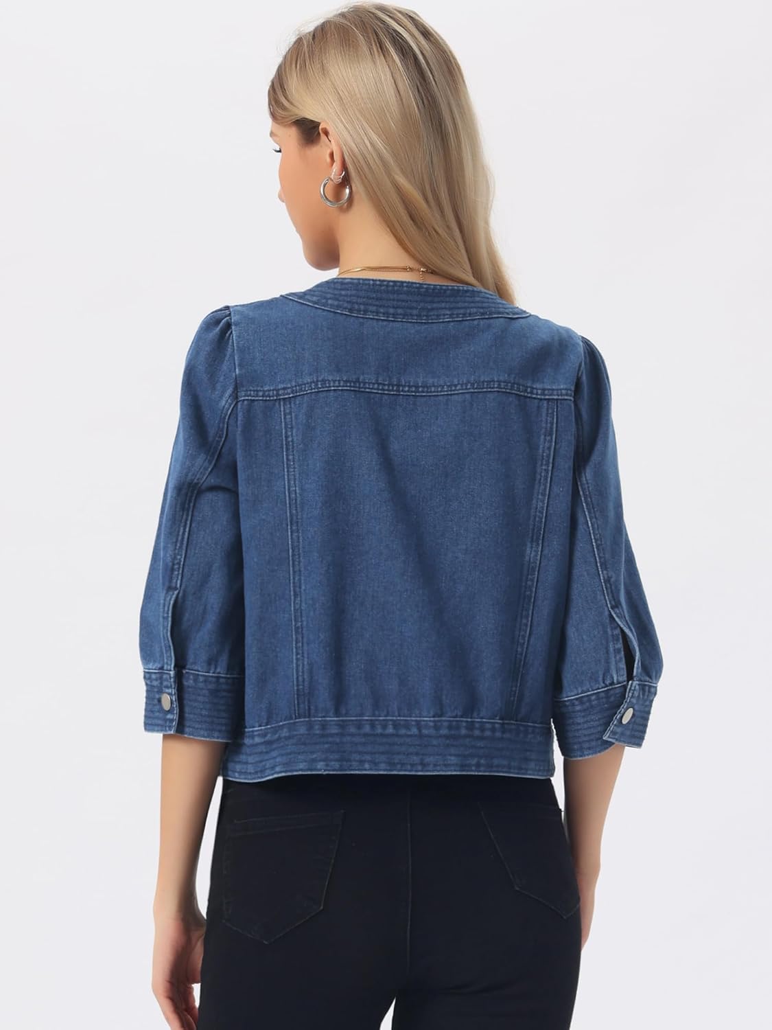 Allegra K Women's Denim Jacket 3/4 Sleeve Collarless Cardigan Button Up Cropped Jean Jacket - Image 5