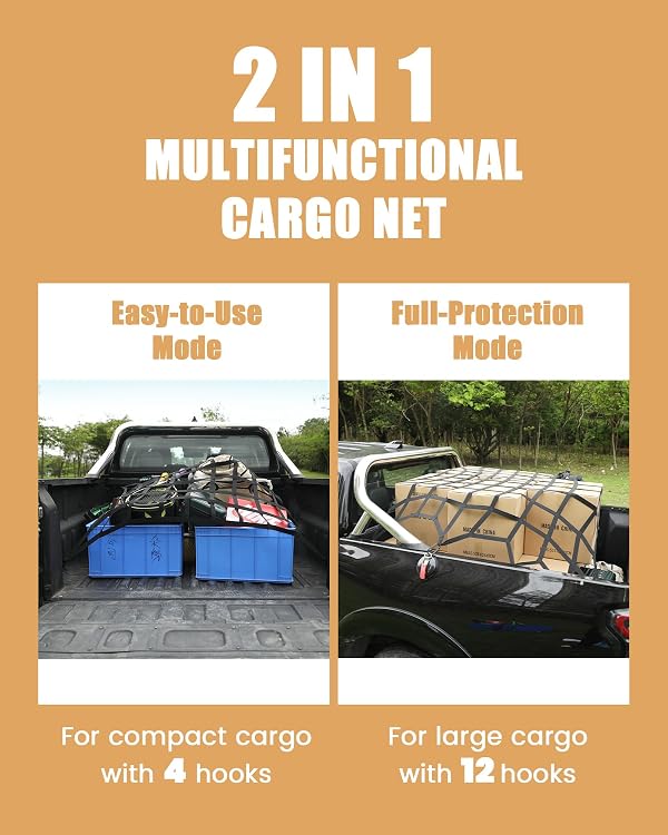 The First Flat Bungee Cargo Net for Pickup Truck Bed, 4' x 4' Stretches to 10' x 10', 25 MM Heavy Duty Cargo Net with 2 Using Modes, for Dodge RAM, Ford, Chevy, Toyota, etc by LuckyStraps - Image 2