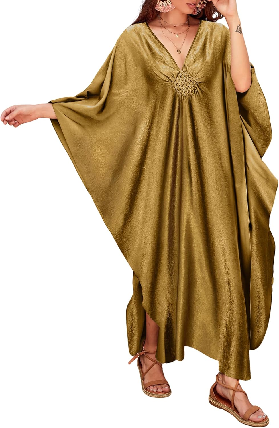 Bsubseach Women Solid Color Cover Up V Neck Batwing Sleeve Plus Size Beach Kaftan Dresses A-gold