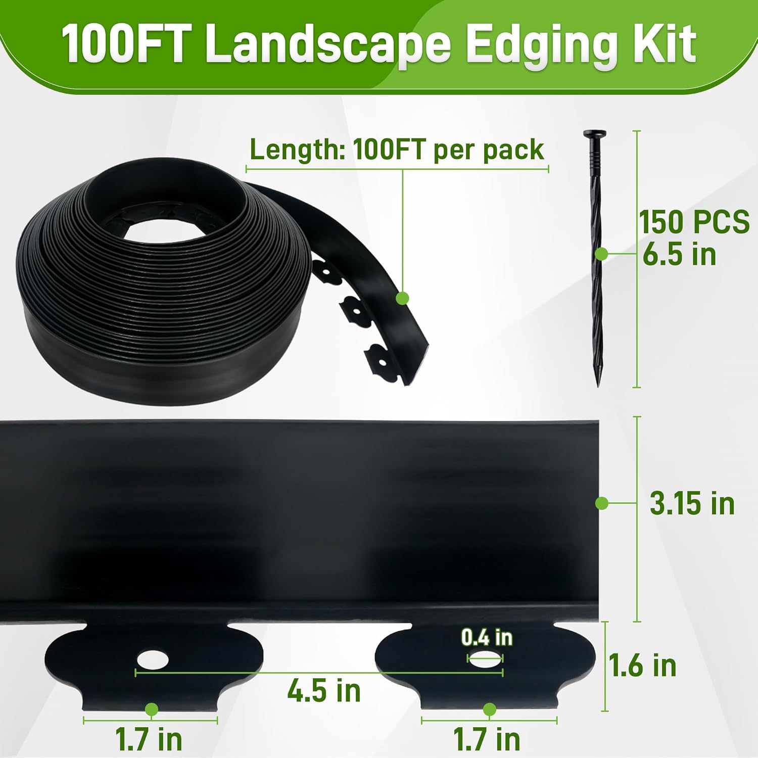 3.15" x 100' No Dig Landscape Edging, Flexible Garden Edging Borders with 150 Anchoring Spikes, Plastic Lawn Edging for Landscaping Garden Flower Beds Grass Yard Paver Pathway, Black