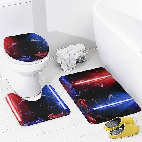 Miniatura 4 de Juego de cortinas de ducha de 4 piezas con sable de luz con temática de película retro, alfombras antideslizantes, cubierta para tapa de inodoro y