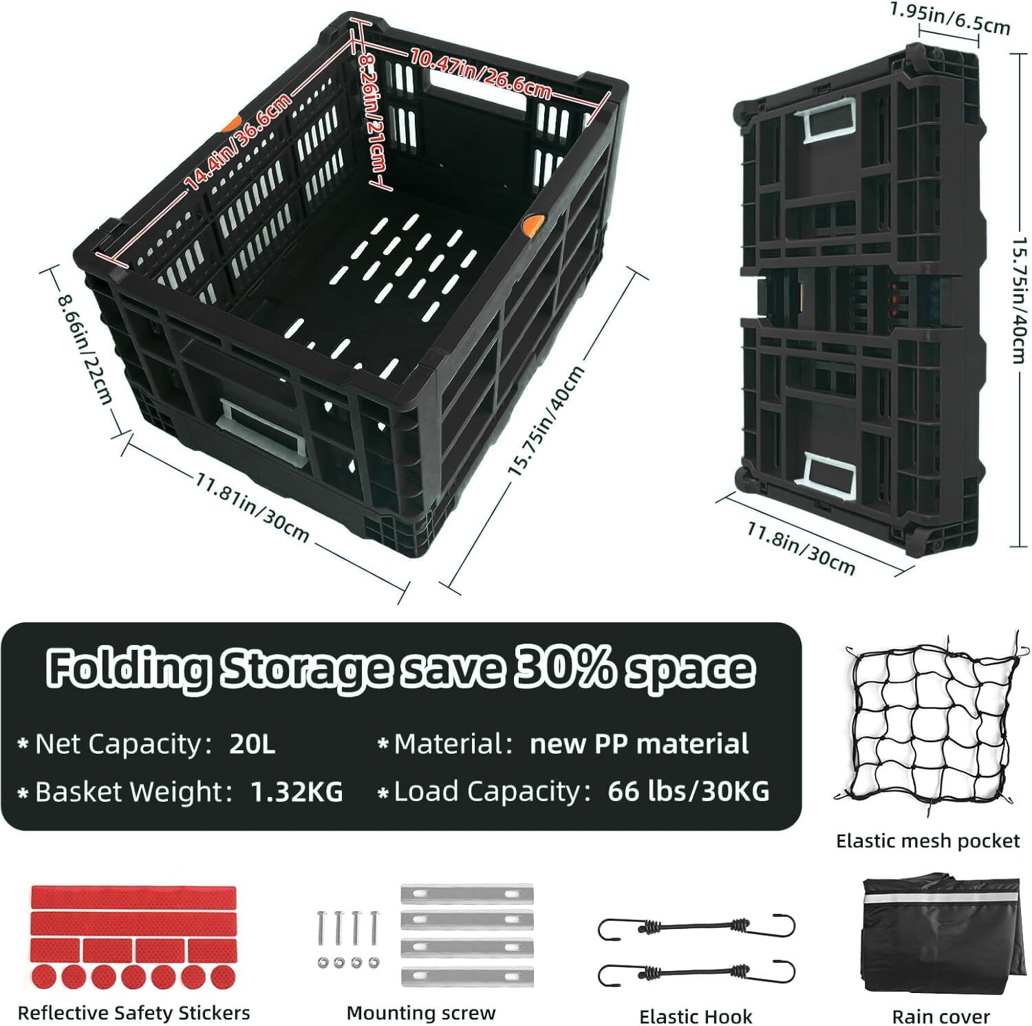 Bike Basket, Foldable 35L Large Capacity Rear Bike Basket, and Durable Bicycle Foldable Rear Basket, Equipped with Waterproof Cover, Fixed Mesh, and Reflective Stickers