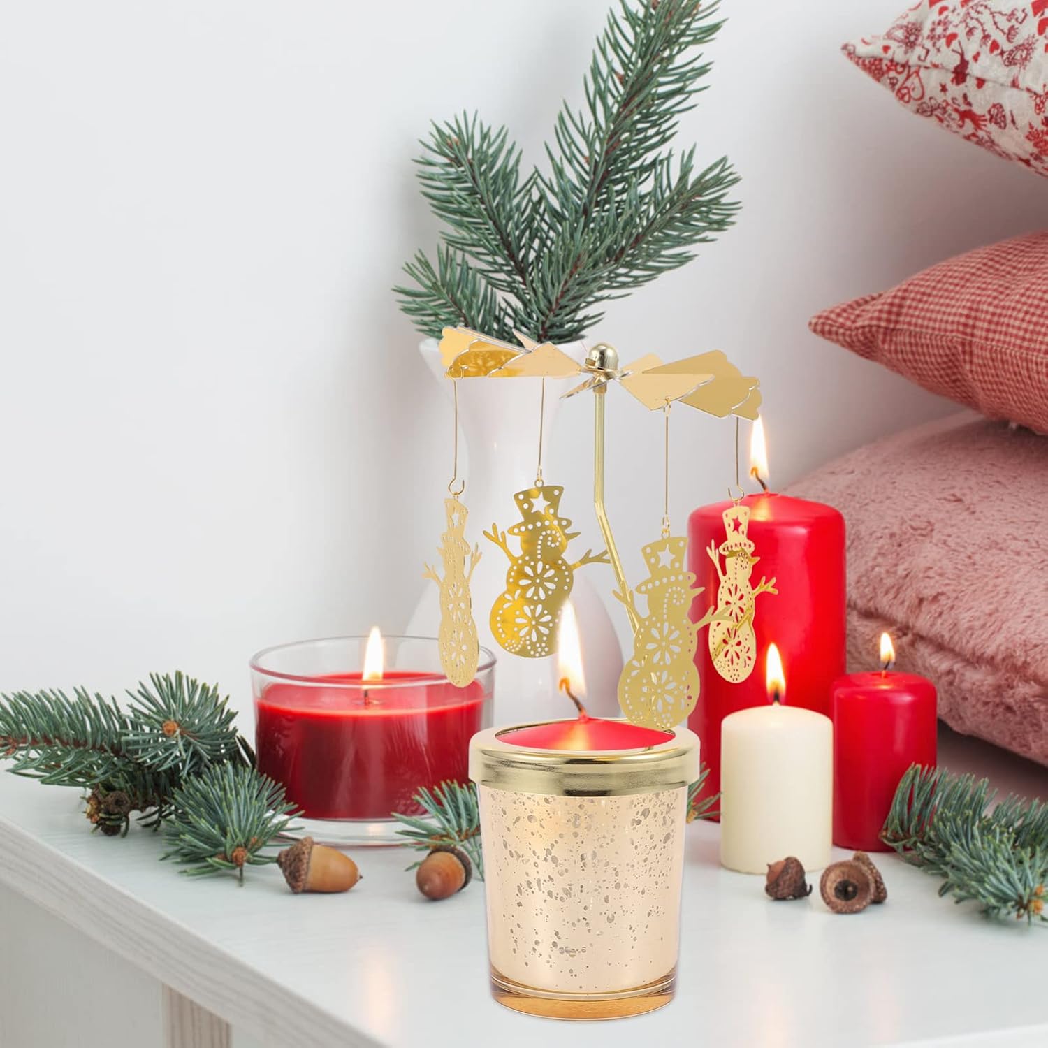 Christmas Rotating Candle Holder Spinning Tea Lights Candlestick Holder Tabletop Candlestick Decoration Romantic for Home (Snowman)