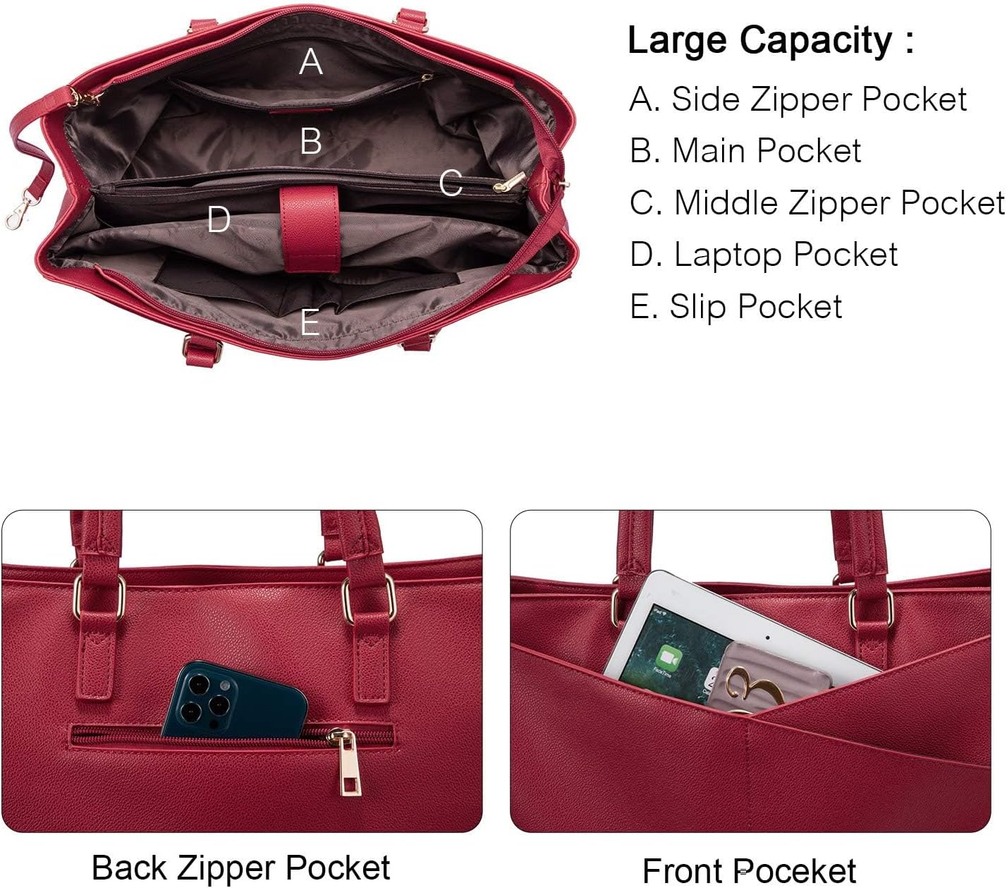 LOVEVOOK Laptop Bag for Women 15.6 Inch Tote Bags Waterproof Leather Briefcase Computer Women Business Office Work Bag,Red