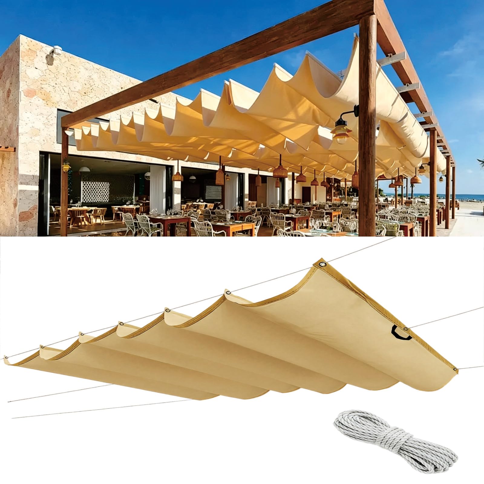Auvent ondulé jaune sable 100x710 cm en PES résistant avec cordes