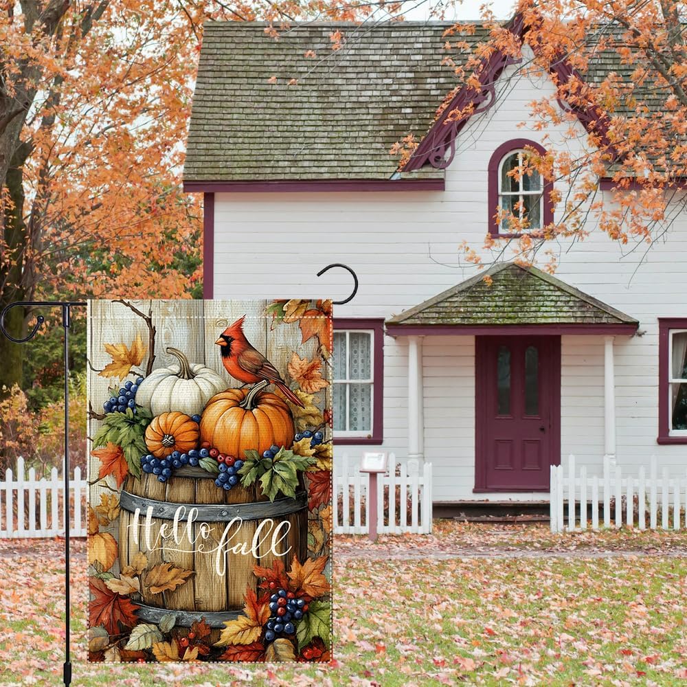 Welcome Fall Cardinal Garden Flag, Autumn Pumpkin Harvest Wooden Barrel Outdoor For Decor, 12x18 Inch Double Sided Burlap Maple Leaf Farmhouse Home Decor Yard Party Thanksgiving Decoration - Image 5