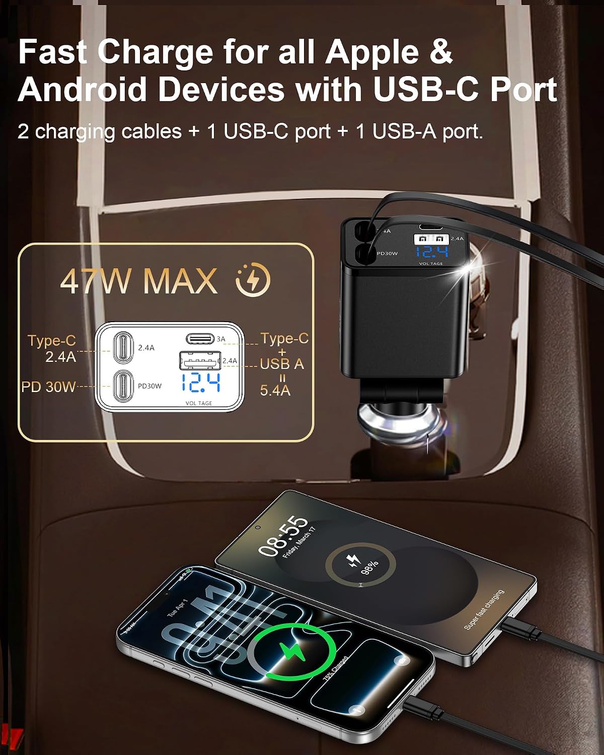 Retractable Car Phone Charger for Samsung S26 S25 Android, 4 in 1 Fast USB C Car Charging Adapter with 2 Flexible USB C Cable, USBC Cigarette Lighter Gift for Men Car Gadgets Electronics Accessories