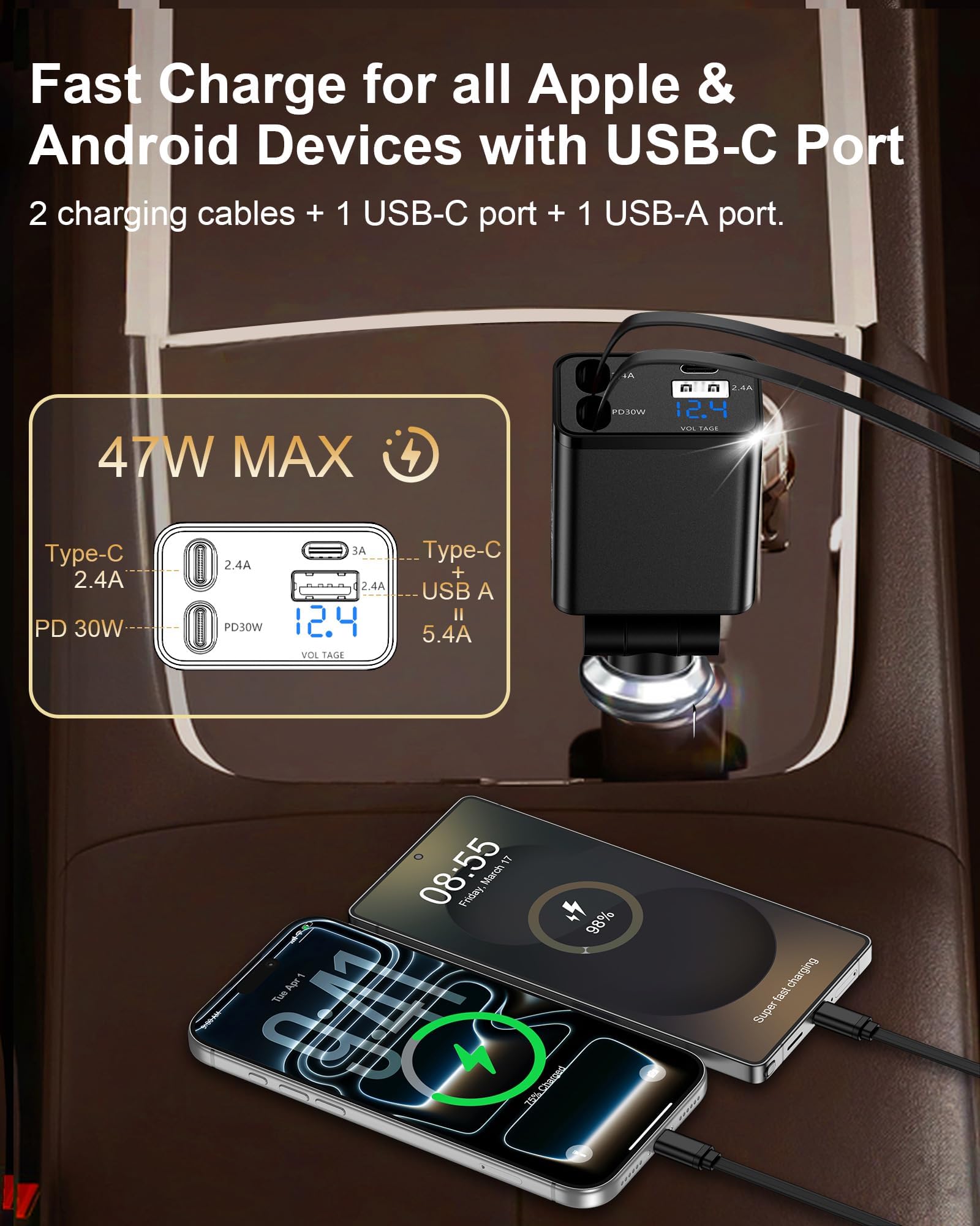Caricatore retrattile per telefono da auto per iPhone 17 Samsung Android, 4 in 1 adattatore di ricarica veloce USB C con 2 cavi USB C flessibili, accendino USBC, regalo per uomini gadget per auto