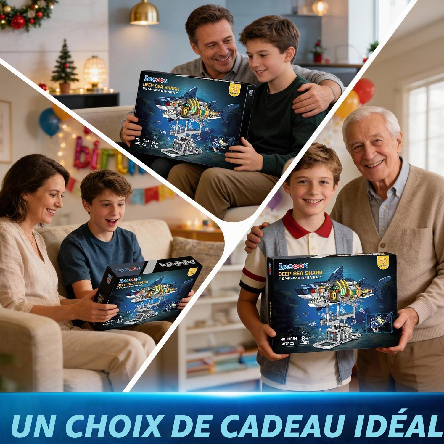 INSOON Ensemble de Construction mécanique en Forme de Requin avec lumière, 687 pièces d'animaux de l'océan Mobiles avec Support de présentation, Jouet de décoration d'intérieur pour Adultes