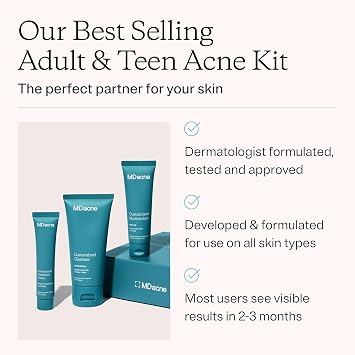 MDacne 3-Step Acne Treatment Kit with Benzoyl Peroxide & Salicylic Acid | Benzoyl peroxide 2.5% cream, salicylic acid cleanser & niacinamide moisturizer; plant-based, for teens & adults