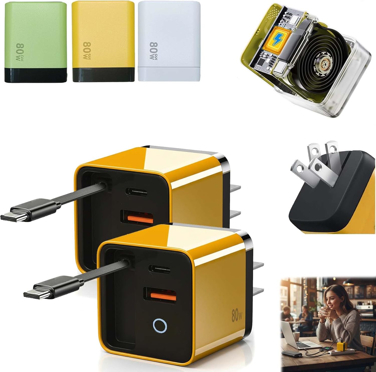 3 in 1 80w max Retractable USB-C Fast Charging Wall Charger with Built-in Cable — Compact Travel-Ready Design, Easy to Carry, Ideal for Hotel Stay, Desktop Charging & On-the-Go Use (Yellow * 2)
