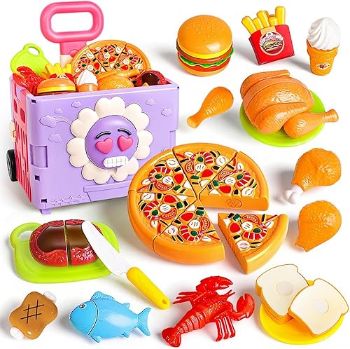 45 piezas 3 en 1 de carrito de compras para niños de 2, 3, 4, 5, 6 años en adelante, juegos de comida de juego de simulación para la cocina de los