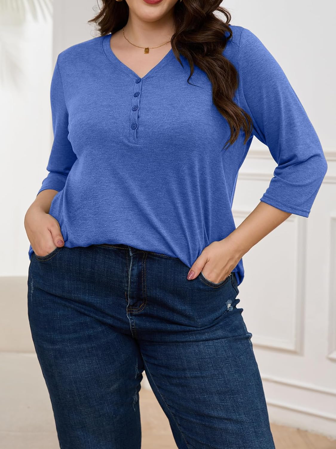 ZDC Women's Plus Size Tops 3/4 Sleeve V Neck T Shirts Button Down Basic Tunic - Image 3