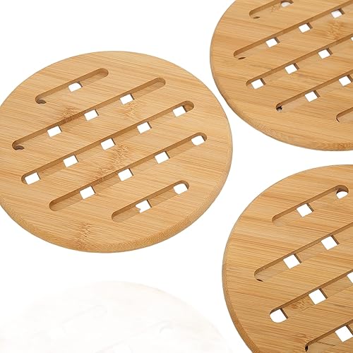 Miniatura 6 de Juego de 5 almohadillas calientes de bambú – salvamanteles redondos de bambú natural con base antideslizante – Resistente al calor para ollas,