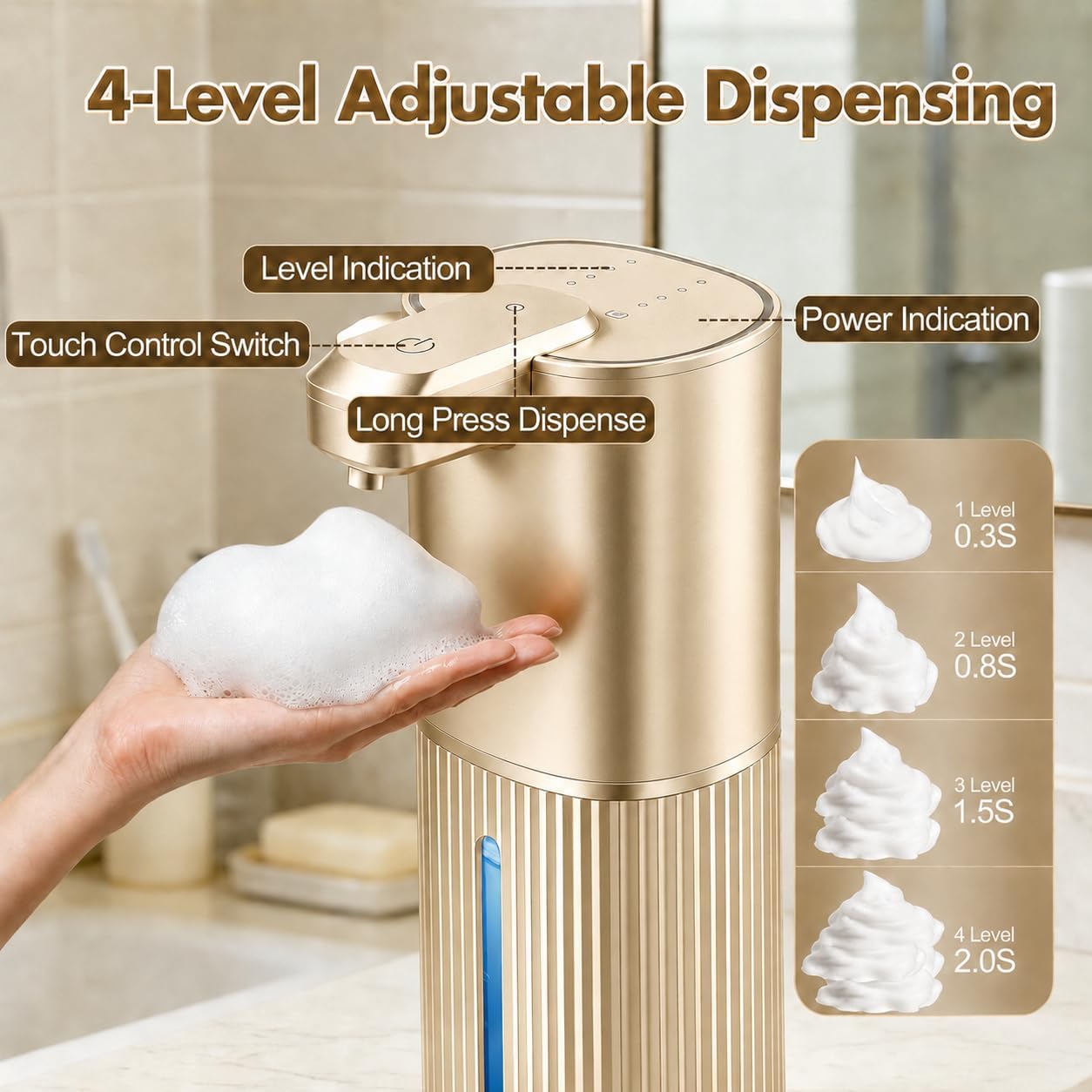 Automatic Soap Dispenser, Foaming Soap Dispenser Touchless with Continuous Dispensing, 4-Level Adjustable, Rechargeable Hand Soap Dispensers, Wall Mounted or Countertop for Bathroom & Kitchen