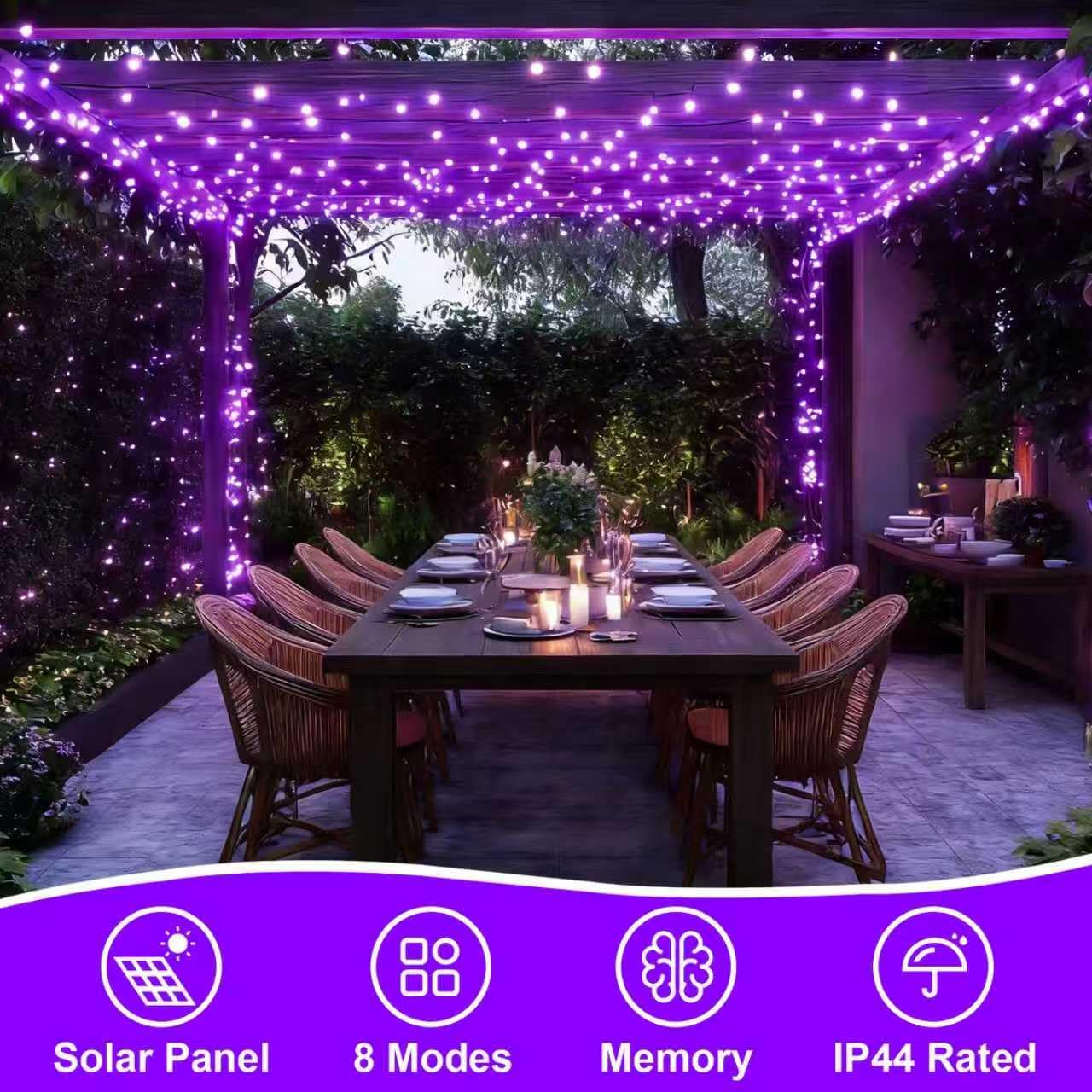 QITONG 4 Pack Solar Fairy Lights, Each 33ft 100 LED Purple Christmas String Light Outdoor Waterproof, 8 Modes Silver Wire Twinkle Mini Lights