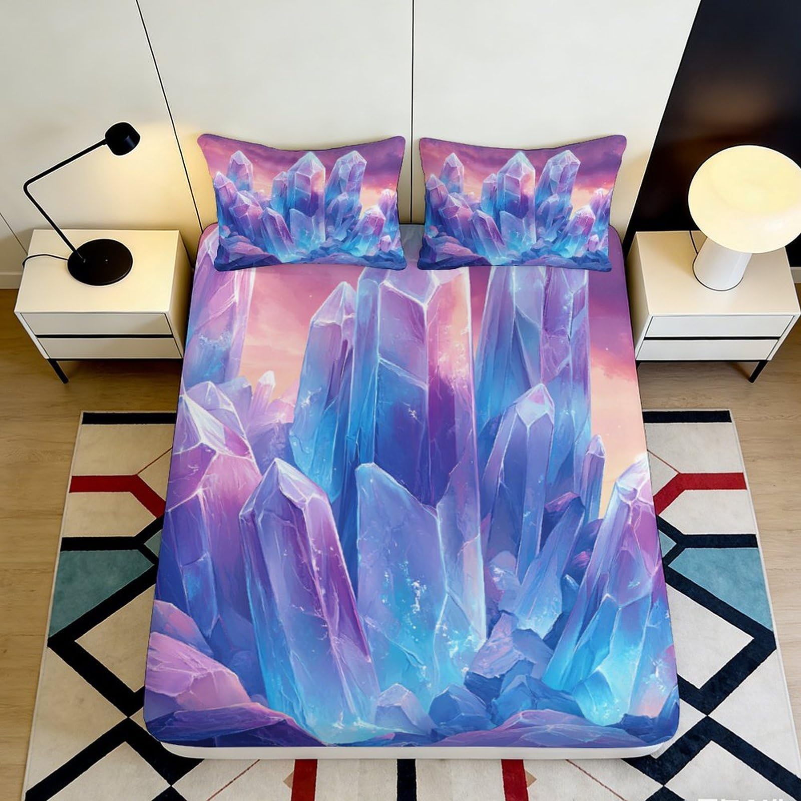 3D Printed Crystal Mountain Fitted Sheet Microfiber Soft Washable Aurora Bed Cover for Bedroom Guest Room Decor 90x200x25cm
