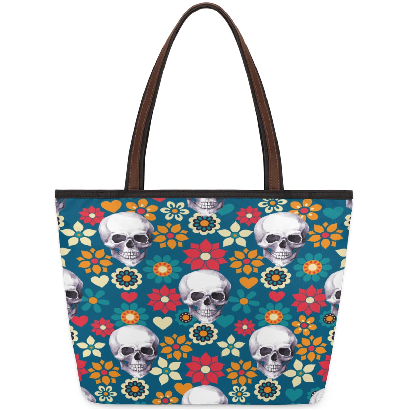 Vintage Skulls Flowers Tote Bag Multi Pocket Zippered Beach Bag Lightweight Waterproof Handbag for Women Men Work Gym Travel Swimming Yoga Grocery Shopping L
