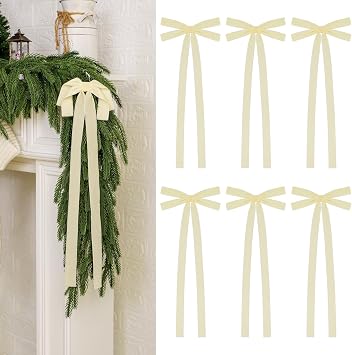 Velvet Christmas Bow Set of 6 Large Premade Rustic Craft Wreath Bows with Long Tail Vintage Xmas Ornaments for Tree Topper, Garland, Fireplace, Stairs, Door Decor, 1 W, 8 X 19 Inch (6, Beige)